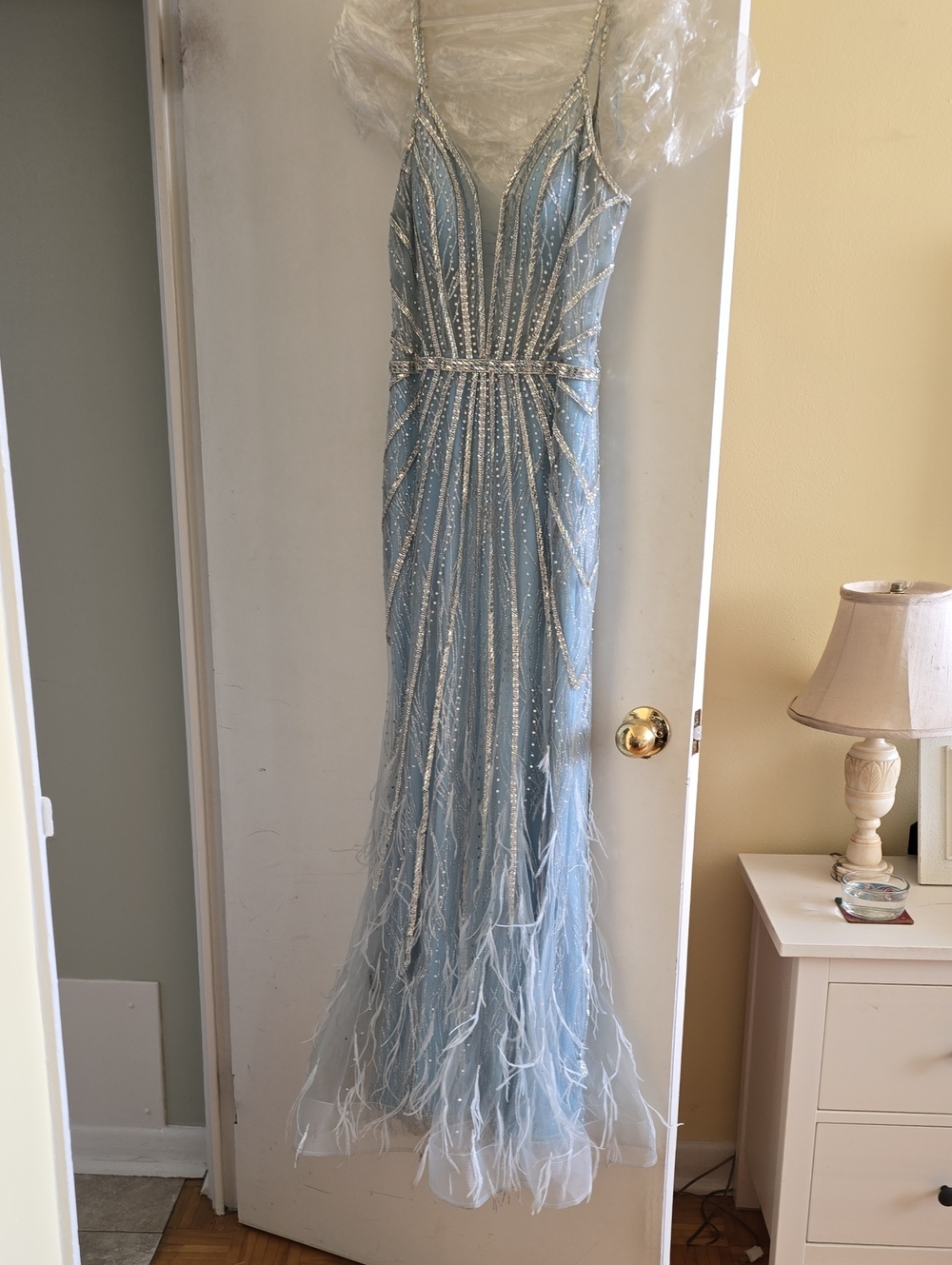 Alyce Paris Light Blue Beaded Feathered Prom Gown